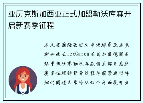 亚历克斯加西亚正式加盟勒沃库森开启新赛季征程 亚历克斯加西亚正式加盟勒沃库森开启新赛季征程