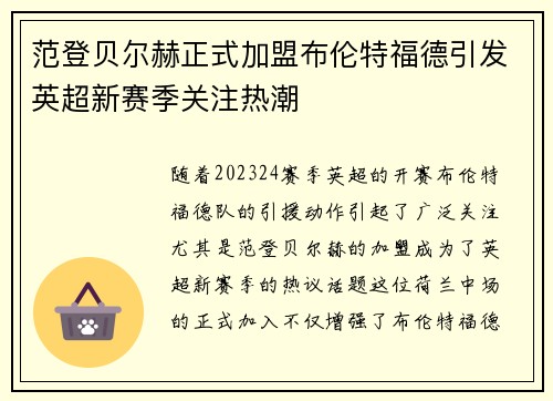 范登贝尔赫正式加盟布伦特福德引发英超新赛季关注热潮